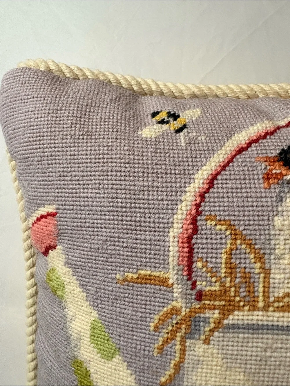 Handmade Lavender Needlepoint Pillow with Girl in Red Dress & a Bird Motif